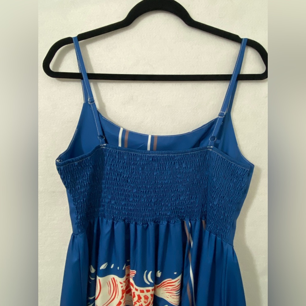 Amazon Blue Sleeveless Maxi Dress with Red & White Koi Print - Picture 3 of 3